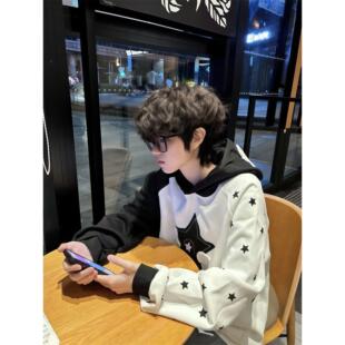 美式高街星星贴布刺绣小翅膀卫衣男装秋季宽松帽衫情侣插肩袖外套