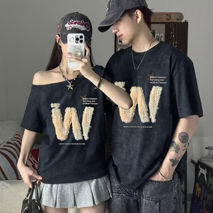 不一样的情侣装一长一短2025新款夏天辣妹斜肩修身显瘦女短袖t恤