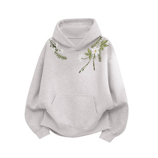 加绒刺绣花卉连帽秋冬季2025新款卫衣男款宽松套头带帽情侣装上衣