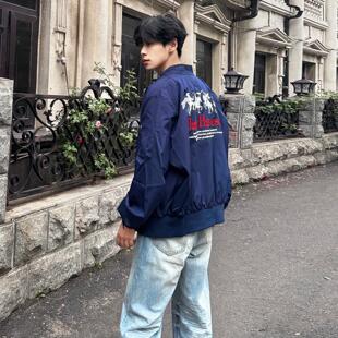 美式高街印花飞行夹克男款秋季藏青色短款战马外套潮牌痞帅棒球服