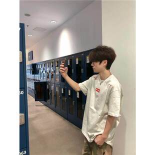 宽松夏季 t恤男装 青少年潮牌高端上衣 高街白灰色字母刺绣短袖 美式