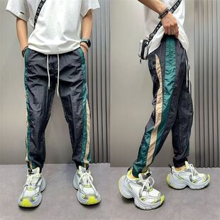 男潮牌宽松痞帅炸街青年百搭裤 宽松条纹速干运动休闲裤 子 薄款 夏季