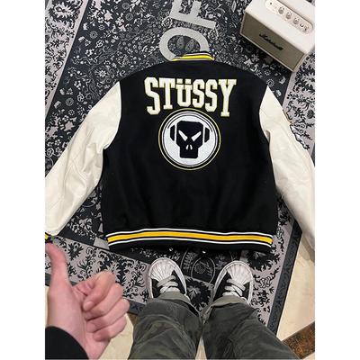 免费试穿~皮革拼接刺绣棒球服男