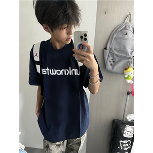 国潮牌字母刺绣重磅T恤短袖男款夏季宽松藏青色美式高街情侣上衣