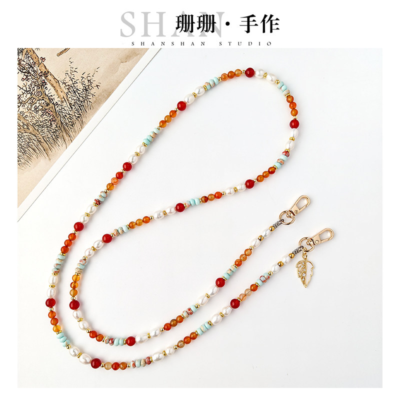 深秋原创手机斜跨链长链天然珍珠玛瑙背带单肩斜背便携式包包挂绳