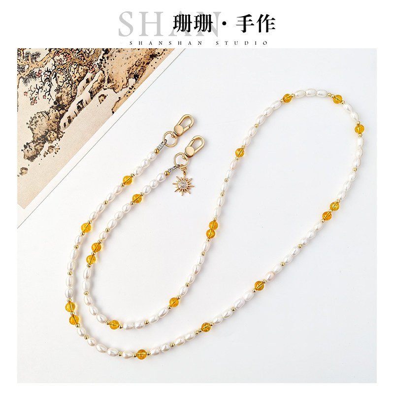 原创手机斜跨链长链天然珍珠水晶背带单肩斜背便携式挂绳包包气质