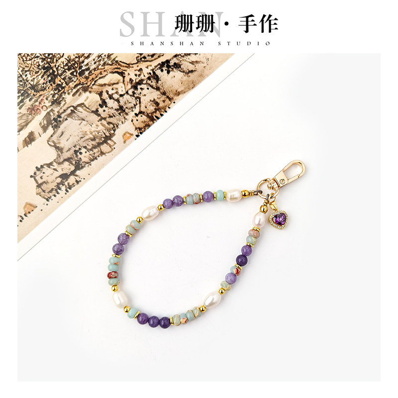 原创天然珍珠手机链紫玉髓手拿链腕链包包挂件高级手链春夏新款女