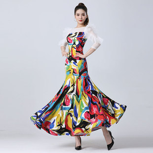 丹宝罗摩登舞练功服连衣裙2025年气质印花大摆裙女士交谊舞比赛裙