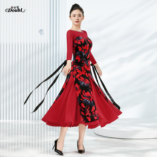 丹宝罗高端国标舞连衣裙飘逸飘带新款女交谊舞大摆裙摩登舞表演裙