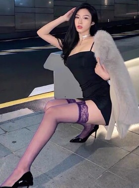 紫色边过膝袜防滑长筒袜透视薄款性感女袜ins纯欲风黑丝裤袜