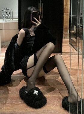 红色边黑丝吊带一体过膝袜女ins潮网红性感纯欲风高长筒薄款