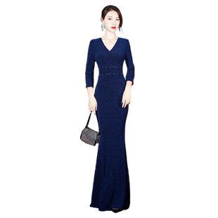 蓝色年会晚礼服2026新款宴会气质轻奢小众高端鱼尾长袖主持人裙女