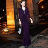 紫色妈妈婚宴晚礼服2026新款 紫色喜婆婆婚礼宴会气质鱼尾主持裙女