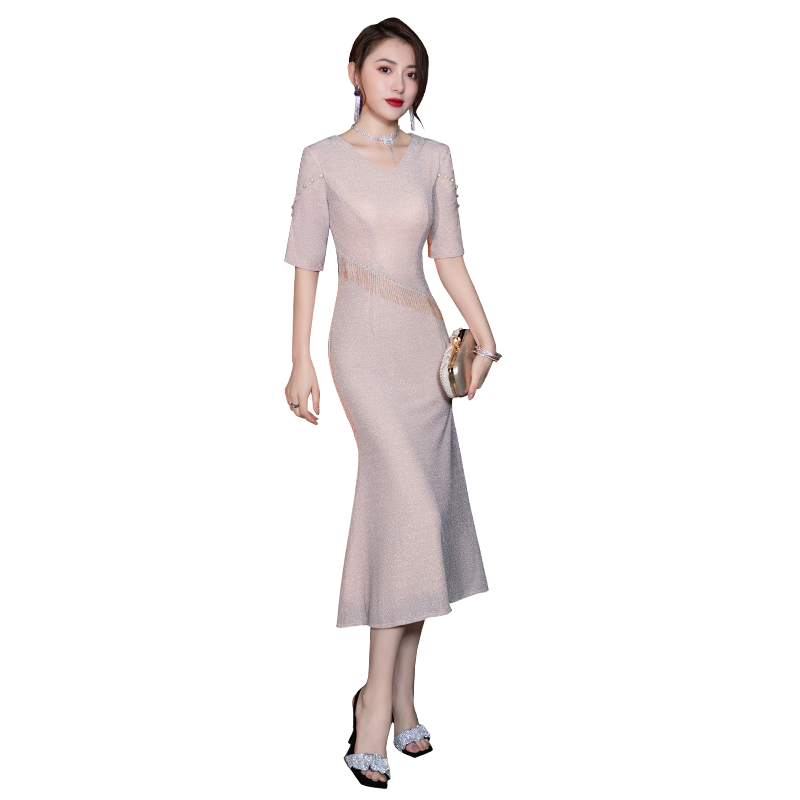 香槟色妈妈装婚宴晚礼服女高端轻奢平时可穿喜婆婆鱼尾气质主持裙