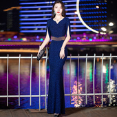 蓝色晚礼服轻奢小众高端宴会气质高级感年会高贵鱼尾大气主持裙女