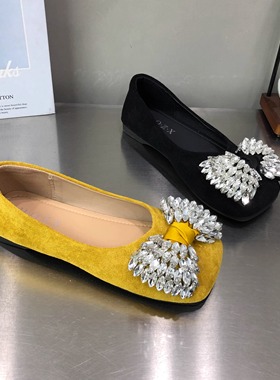 黄色2025新款亮闪闪水钻蝴蝶结方头浅口鞋女玛丽珍鞋时尚仙女单鞋