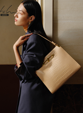 SATCHI/沙驰环星系列通勤托特包女复古小众鳄鱼纹真皮单肩斜挎包