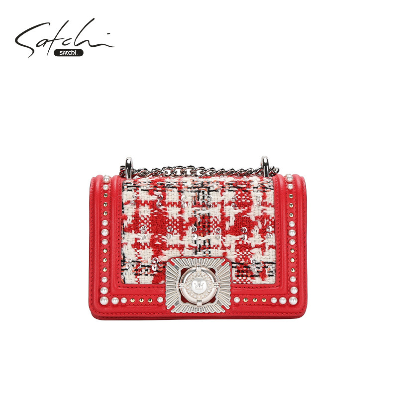 SATCHI/沙驰【莫娜系列】毛呢小方包女复古高级感真皮单肩斜挎包,箱包皮具/热销女包/男包,小方包,淘宝优惠券,粉丝福利购,淘宝优惠卷