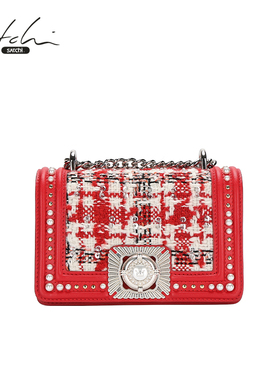 SATCHI/沙驰【莫娜系列】毛呢小方包女复古高级感真皮单肩斜挎包