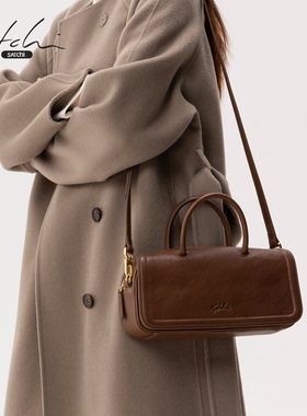 SATCHI/沙驰植鞣牛皮保龄球包女2026新款踪迹手提包真皮斜挎包