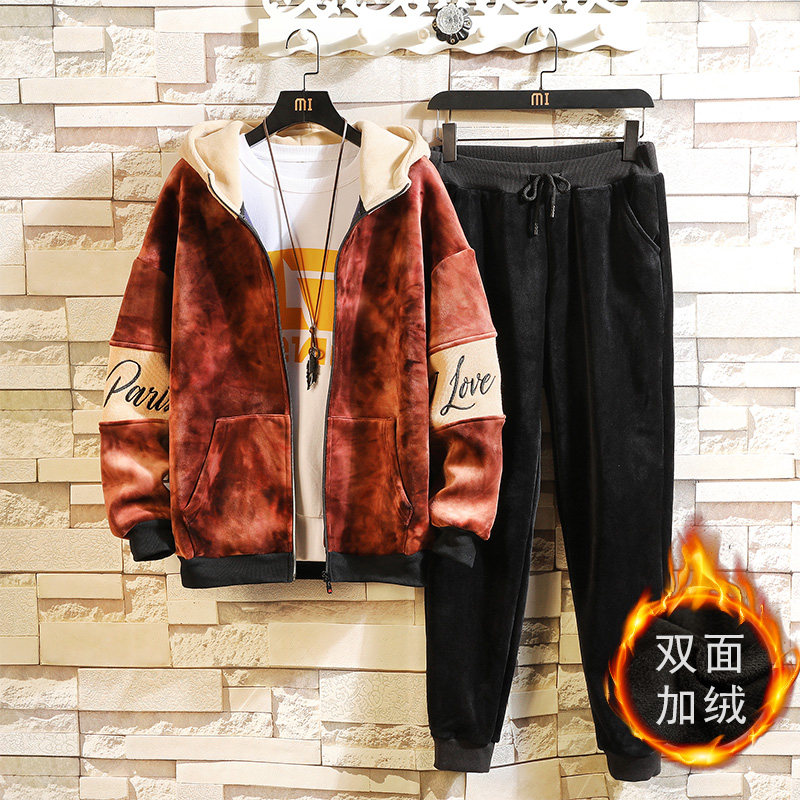 青少年时尚宽松男装加绒加厚运动开衫扎染学生卫衣金丝绒套装男在类目 男装, 卫衣中 - 来自Buy2taobao.com提供专业的淘宝代购服务