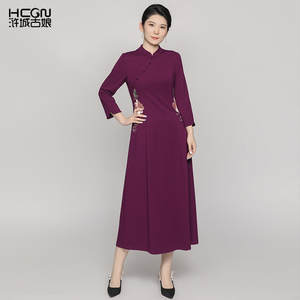 浒城古娘新款刺绣气质立领紫色长袖新中式国风改良连衣裙女春秋