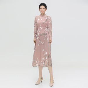 浒城古娘新款醋酸粉色印花复古优雅长袖新中式国风连衣裙女款春秋