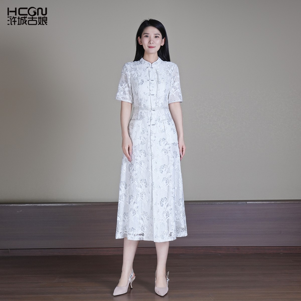 浒城古娘新款刺绣优雅气质立领蕾丝新中式国风旗袍连衣裙女夏季