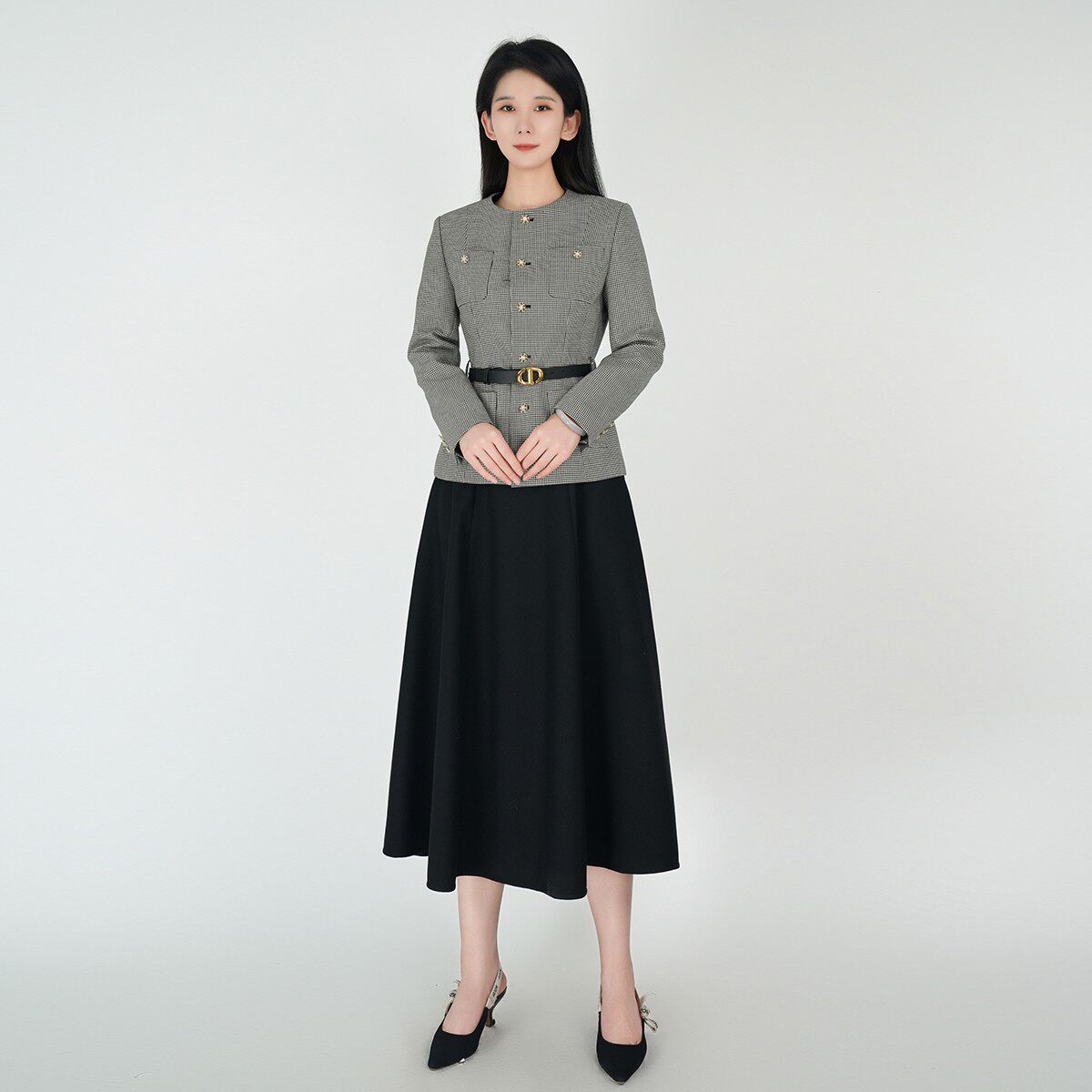 浒城古娘新款千鸟格羊毛气质优雅通勤西服新中式国风套装裙女春秋
