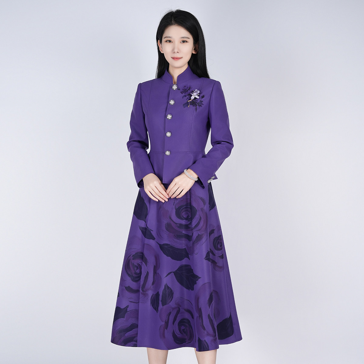 浒城古娘新款精致印花气质长袖立领西服新中式国风套装裙女款春秋