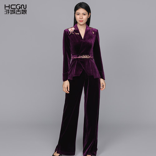 中式丝绒修身显瘦时尚套装