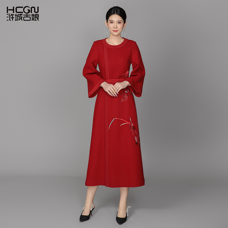 绵羊毛百搭时尚长款连衣裙中国风