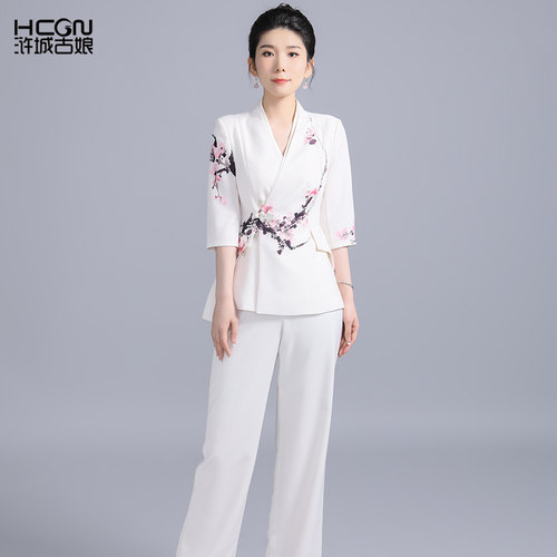 浒城古娘七分袖女士交襟西服套装