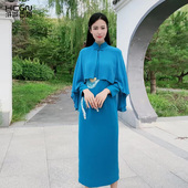 新中式 浒城古娘新款 桑蚕丝披肩刺绣立领长袖 国风旗袍连衣裙女春秋