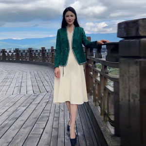 国风V领百搭时尚优雅大气通勤日常女撞色颂叶连衣裙外套两件套装