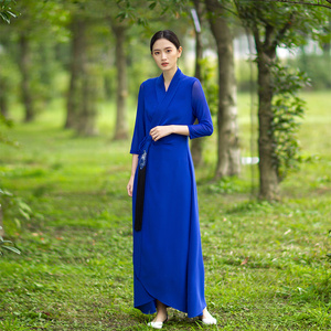 浒城古娘新款蓝色复古气质V领收腰长款新中式国风连衣裙女春夏