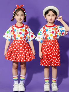 六一儿童表演服装可爱波点红色背带裤舞蹈服男童女童大合唱演出服