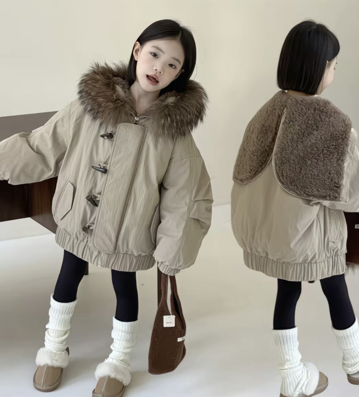 儿童羽绒服天使之翼连帽大貉子毛领派克羽绒服羊毛牛角扣女款外套