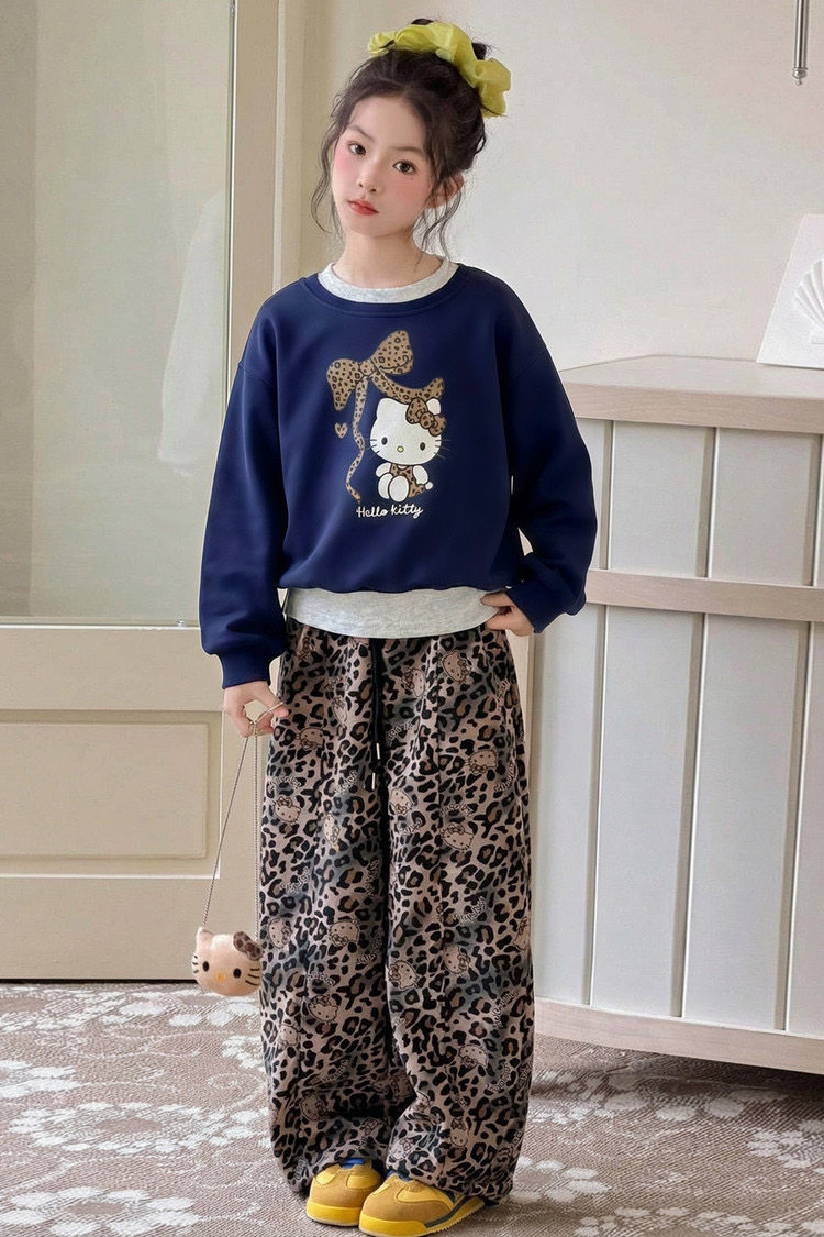 女童春装套装2026新款韩版卡通印花卫衣儿童豹纹猫宽松卫衣三件套