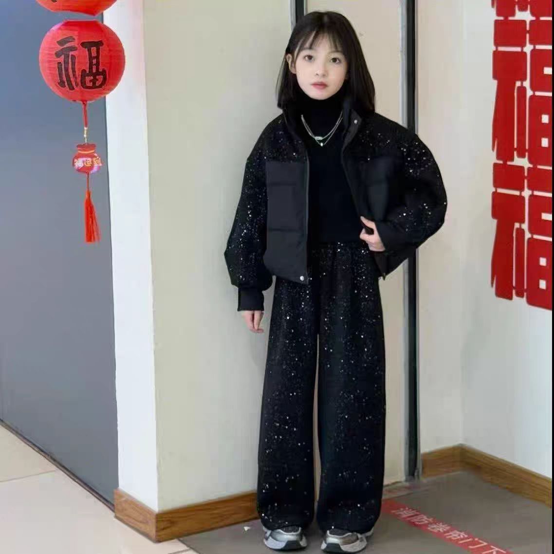 女童冬季棉衣套装童装新款毛呢拼套装