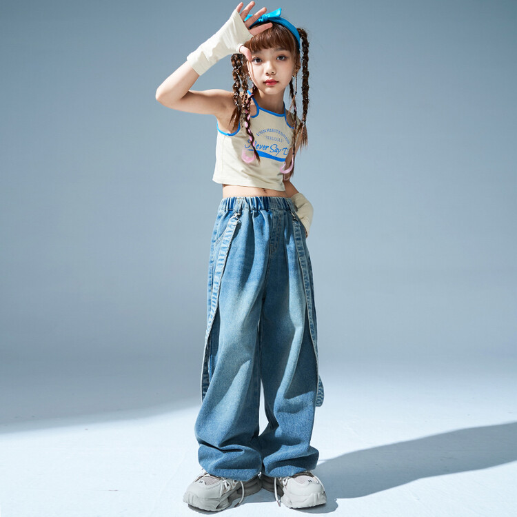 儿童爵士舞服装女童时髦露脐潮服牛仔裤套装六一爵士街舞表演服女