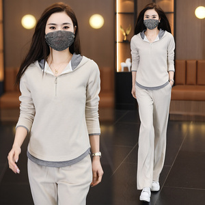 休闲运动服套装女2024春季新款洋气减龄卫衣连帽阔腿裤跑步两件套