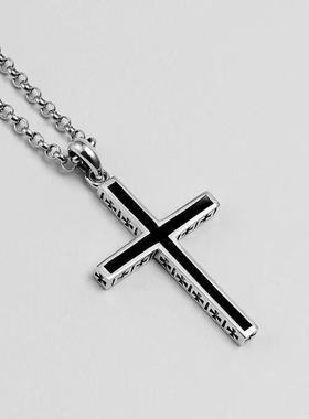新款十字架吊坠男女士黑色嘻哈项链学生时尚潮藏银复古个性毛衣链