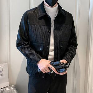 2023秋季新款休闲百搭高品质短款外套男士皮衣条纹男夹克潮牌痞帅