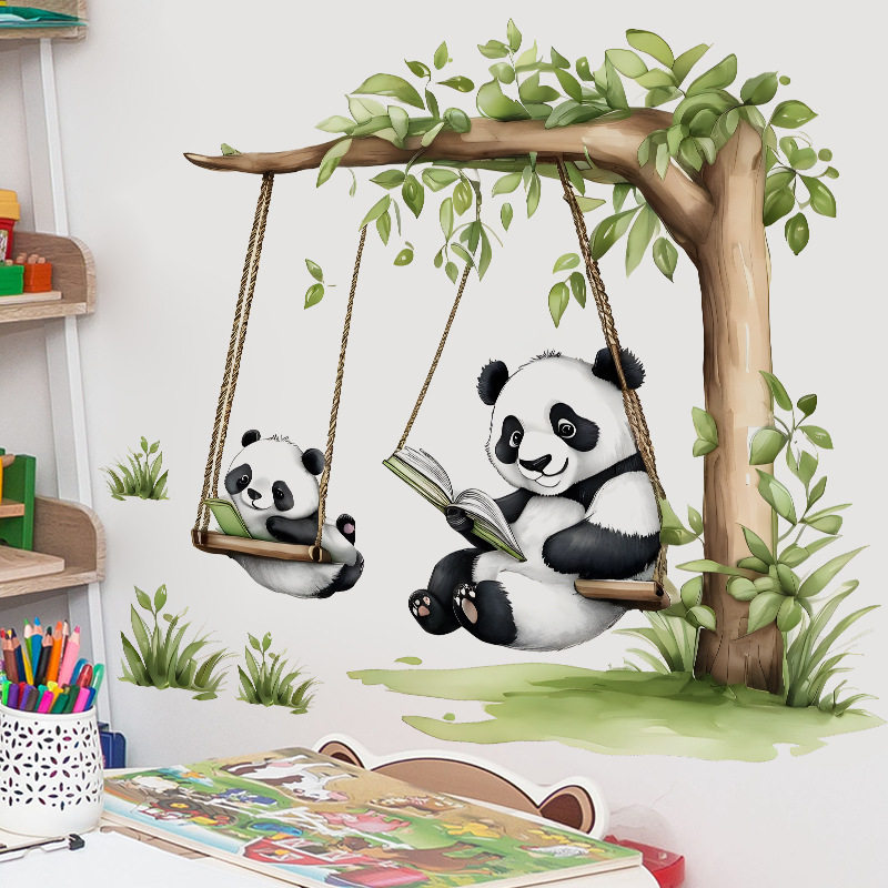 可爱熊猫看书荡秋千墙贴画幼儿园背景装饰品儿童房间床头墙壁贴画