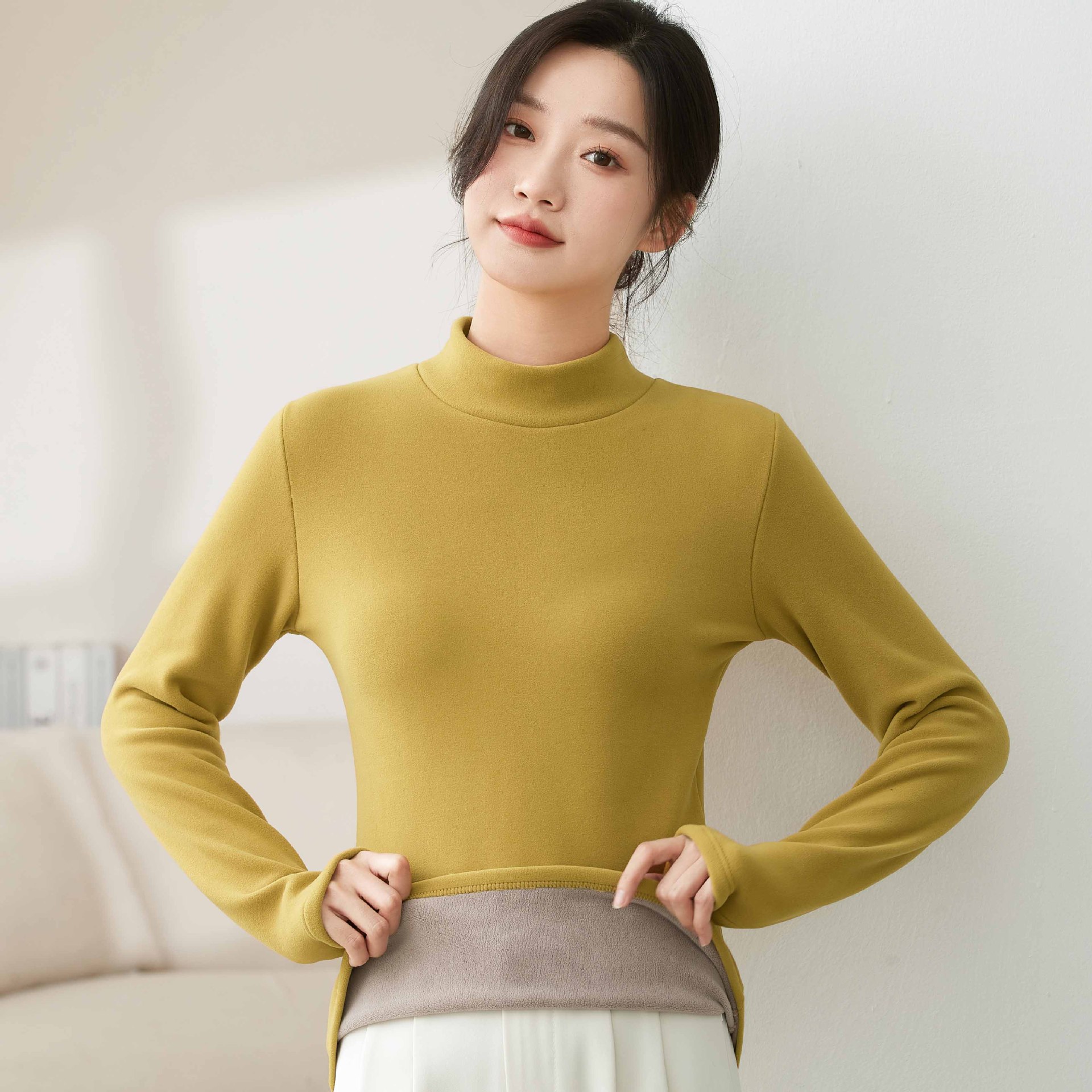 2168加绒半高领德绒打底衫女秋冬新款加厚内搭感黑色中领保暖