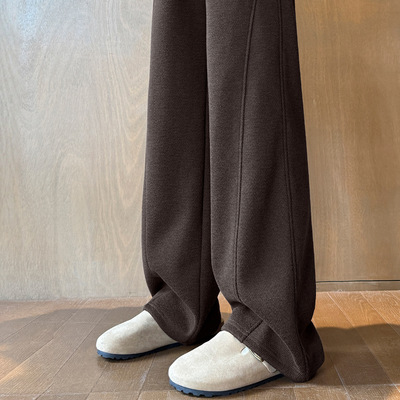 美拉德咖色阔腿裤女款冬2025新款加绒加厚小个子窄版直筒阔腿裤子