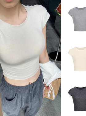 H582修身露脐上衣设计简约夏季短袖感休闲百搭短款t恤女新款辣妹