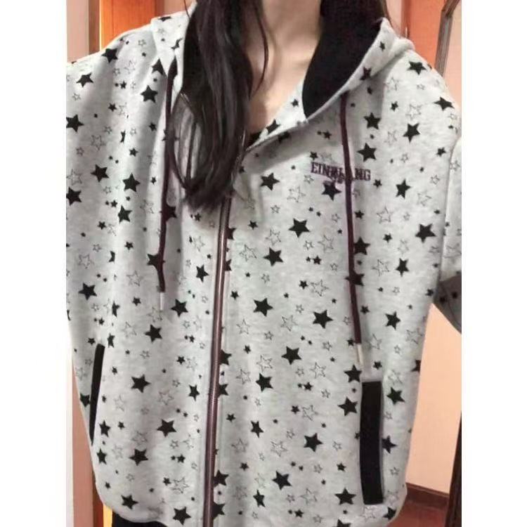 【华棉双帽+复合】新款连帽开衫外套星星满印灰色宽松百搭口袋