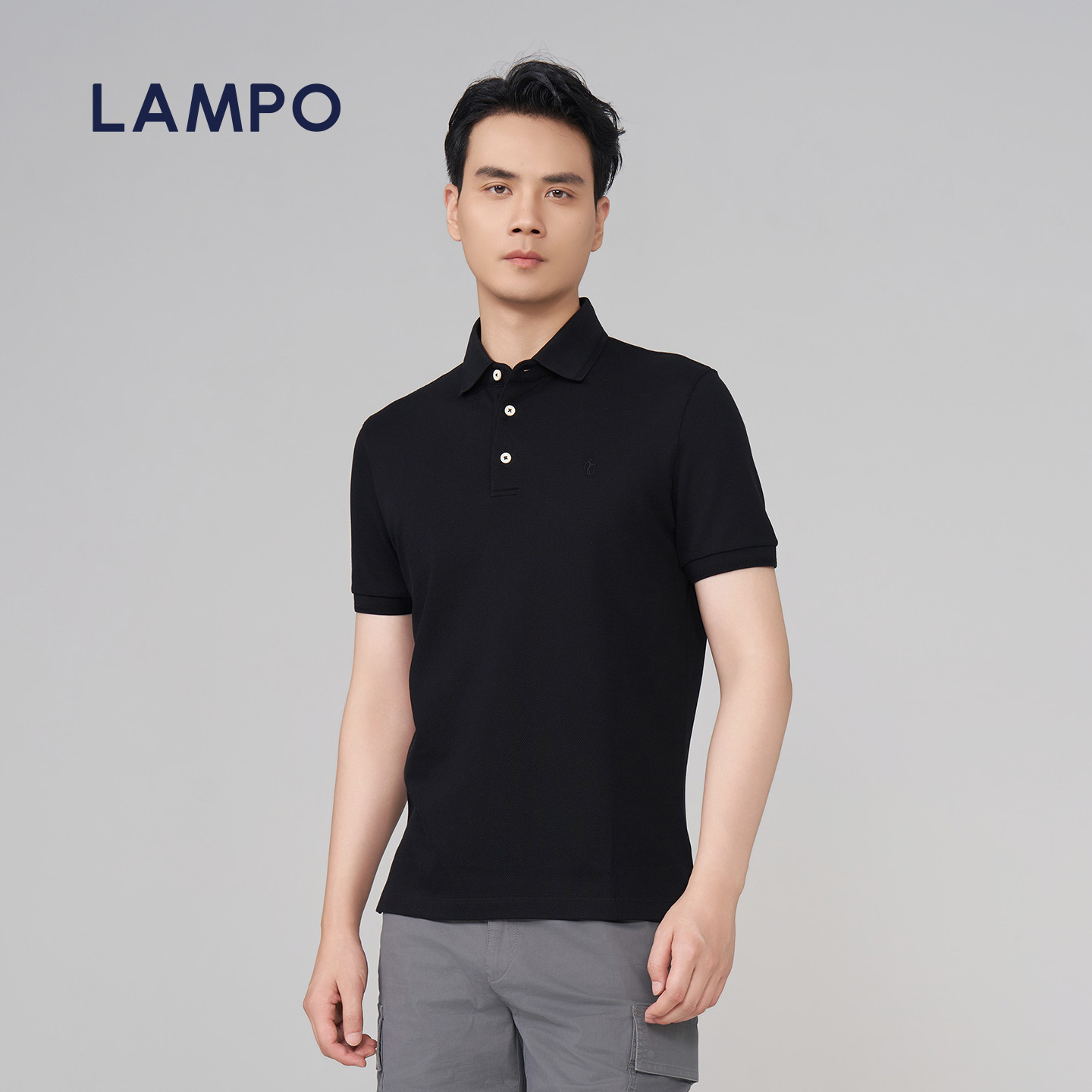 LAMPO/蓝豹【ONE系列】男士夏季休闲POLO衫短袖刺绣印花黑色素T恤
